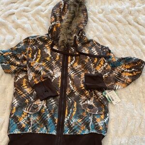 Self Esteem Brown and blue and shiny orange gold color jacket.